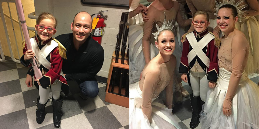 Left: Cailee Herrell with BAZ Community Outreach Manager Joseph Cavanaugh. Right: Cailee Herrell with dancers Kenna Draxton and Ana Maria Spear.