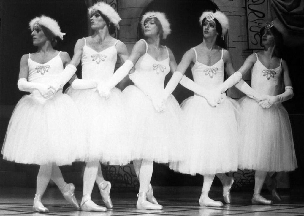 Les Ballets Trockadero de Monte Carlo dancers with Shirley MacLaine (center) on the 1977 television special "Where Do We Go From Here?"